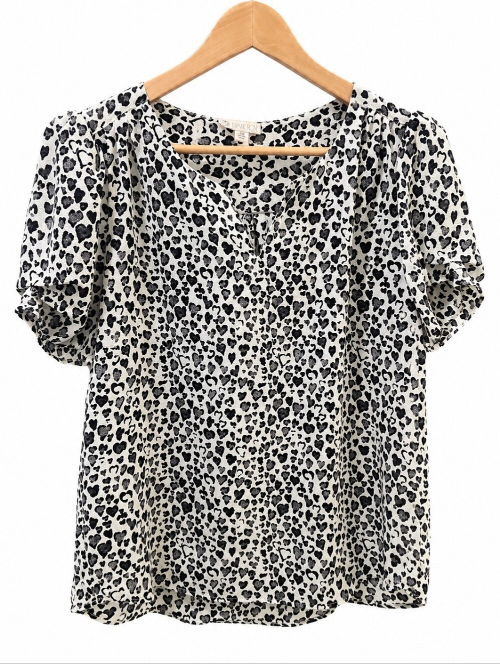 Eliane Rose Heart Print Blouse Medium Black White Flutter Sleeve Top Romantic